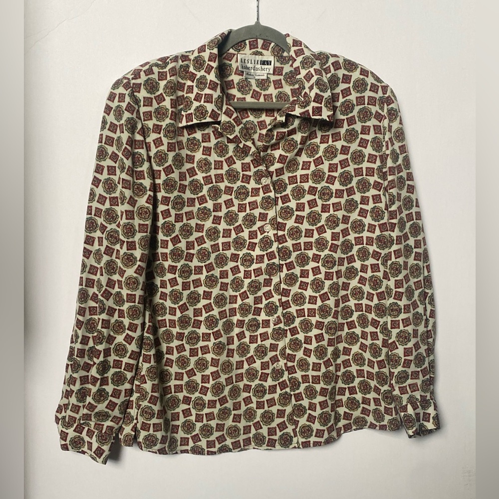 Leslie Fay Red and Cream Geometric Blouse